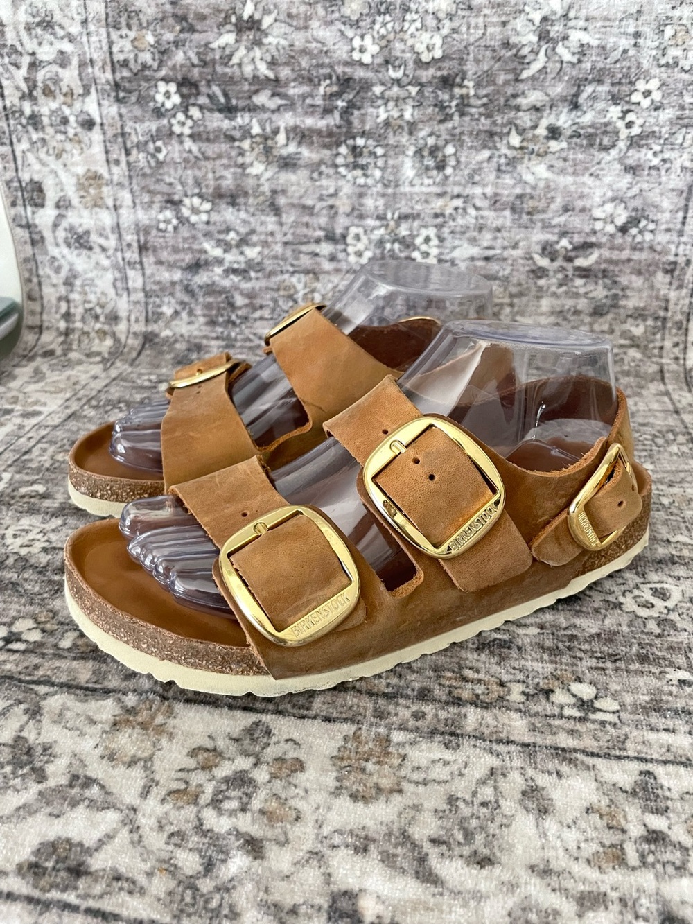 Birkenstock Big Buckle Milano Cognac Brown Oiled Leather Size 38 Gold Buckles - Picture 8 of 12
